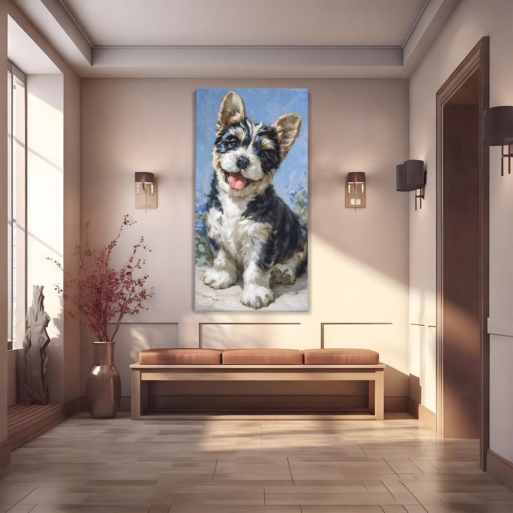 Tablou canvas cu tablou canvas cu catelus pufos, fara rama, pe sasiu de lemn